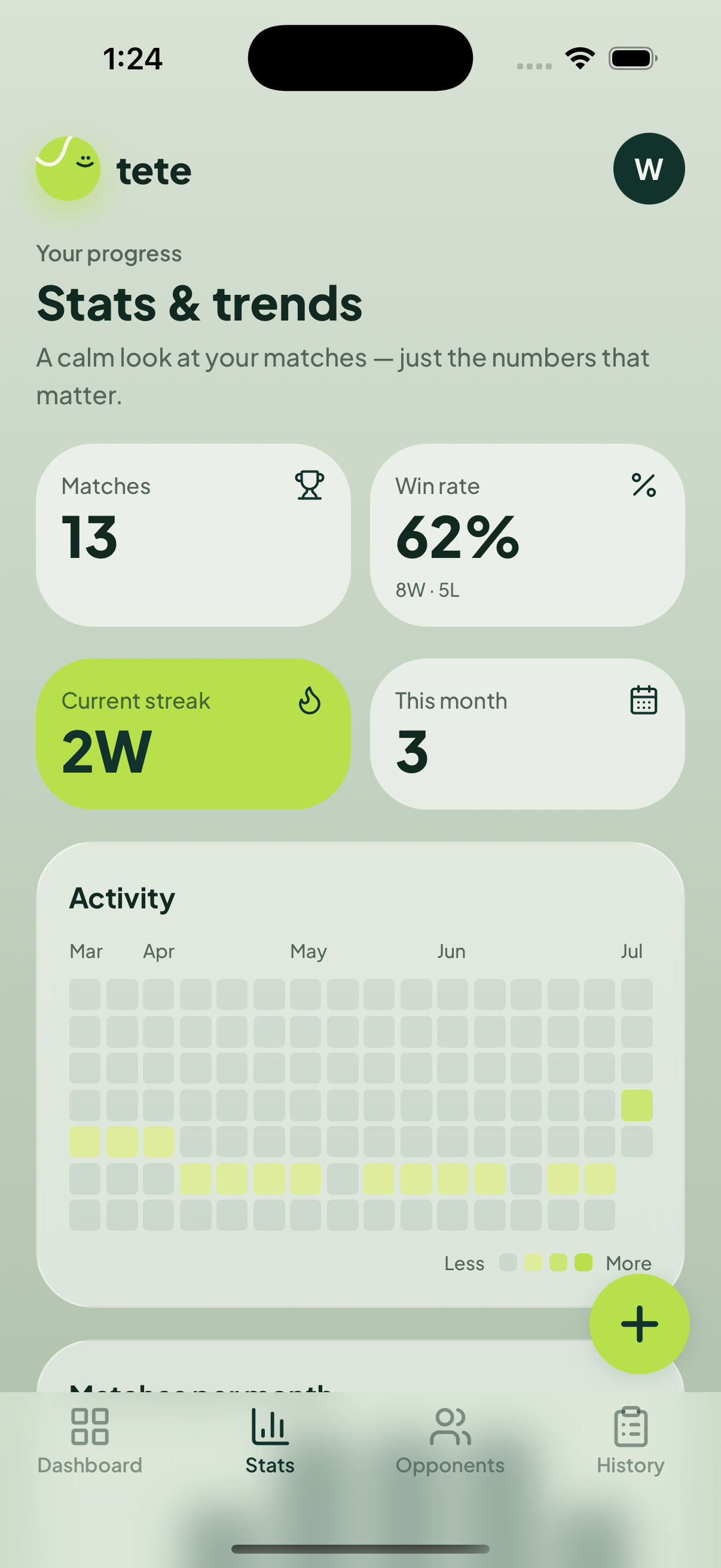 tete stats screen with an activity heatmap and streak tiles