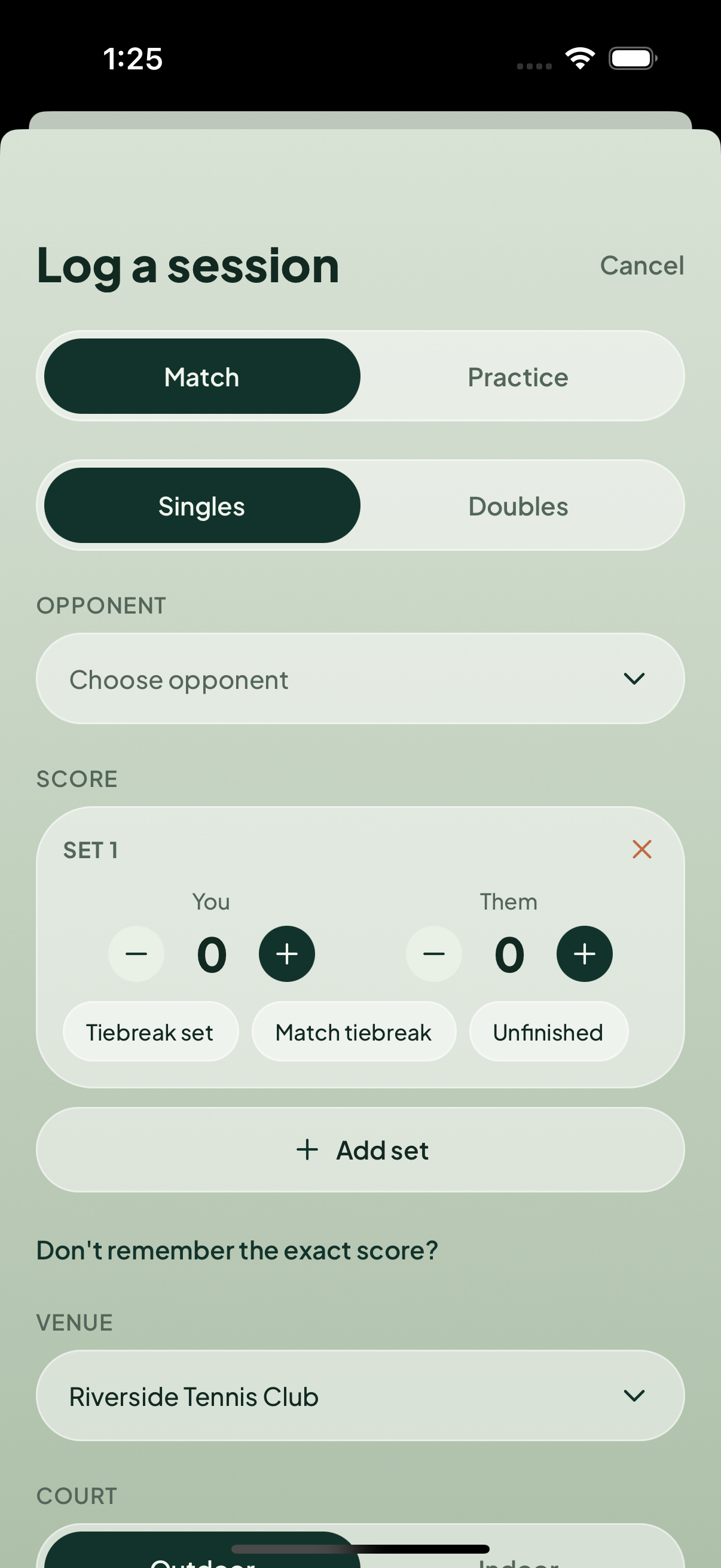 tete log screen with match and practice toggles, singles or doubles, and set-by-set score entry