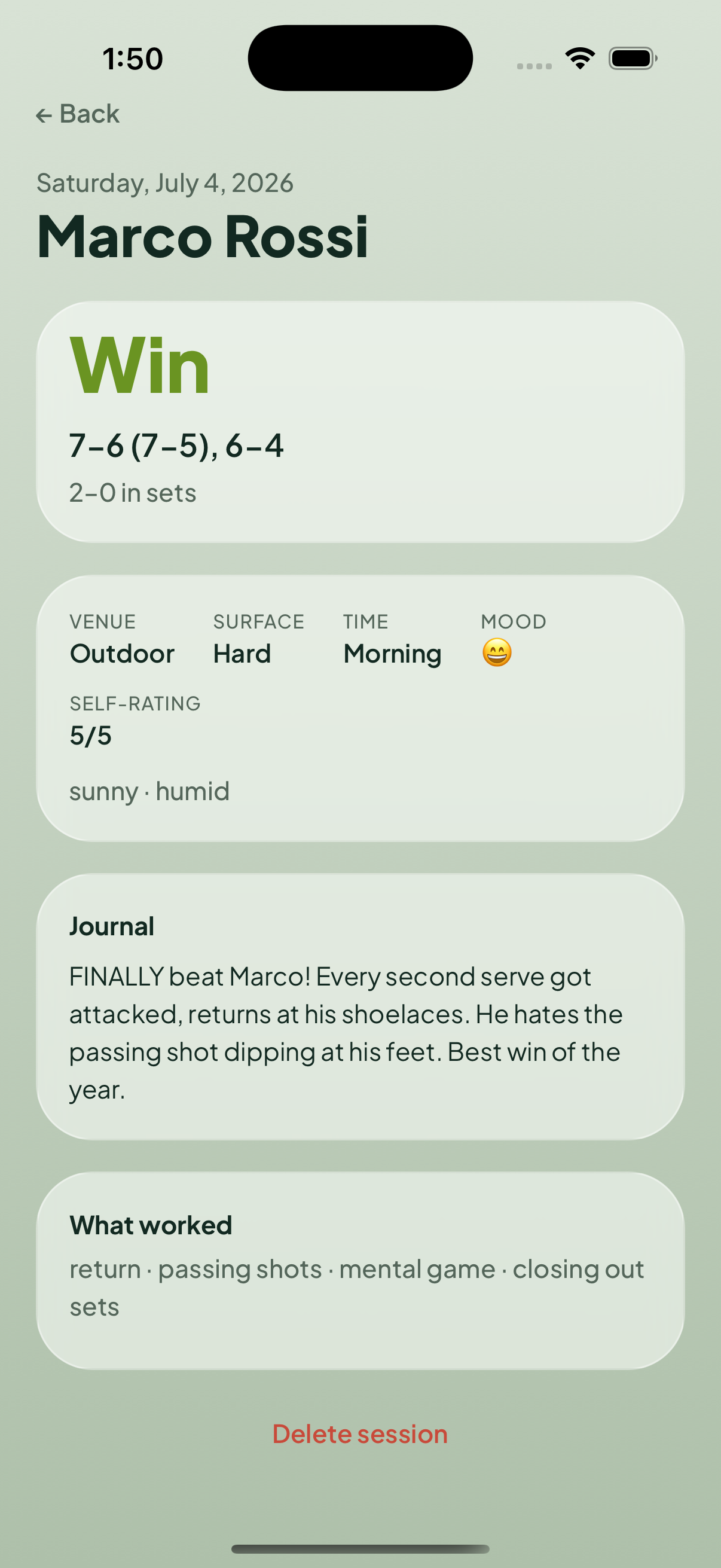 tete session detail showing a win, the score, conditions, journal entry, and what worked