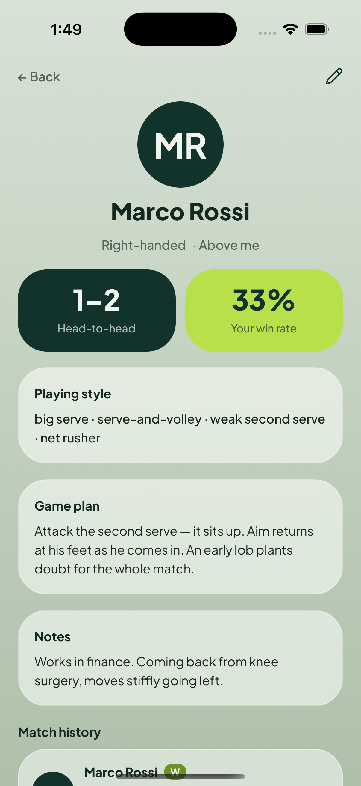 tete opponent profile with head-to-head record, playing style tags, and a game plan