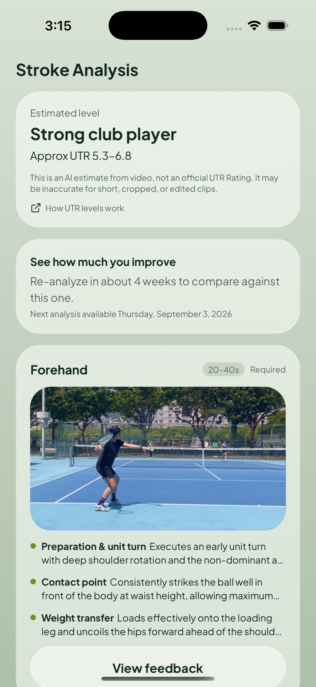 tete stroke analysis screen with estimated level, video feedback, and forehand checkpoints