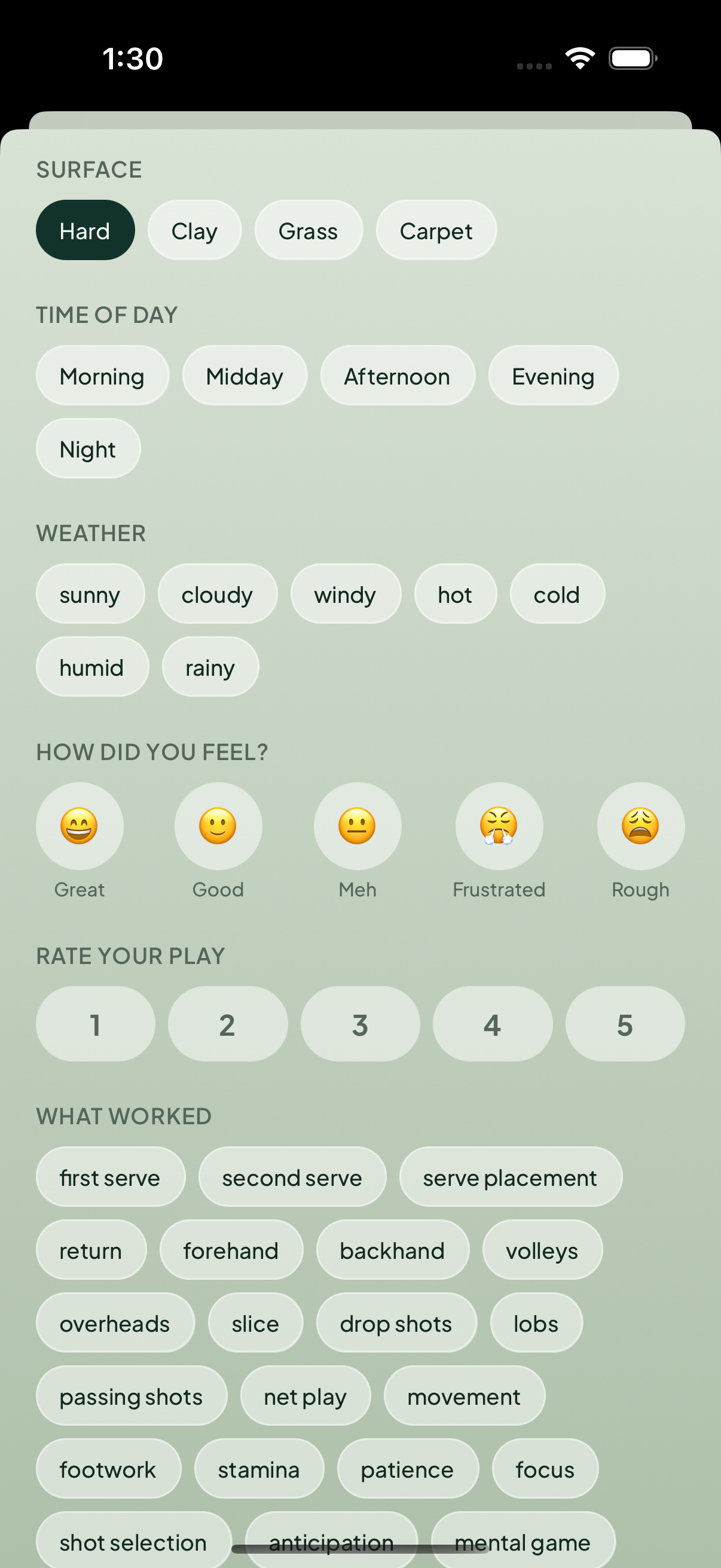 tete log screen showing surface, time of day, weather, a mood picker, a self-rating, and what-worked tags