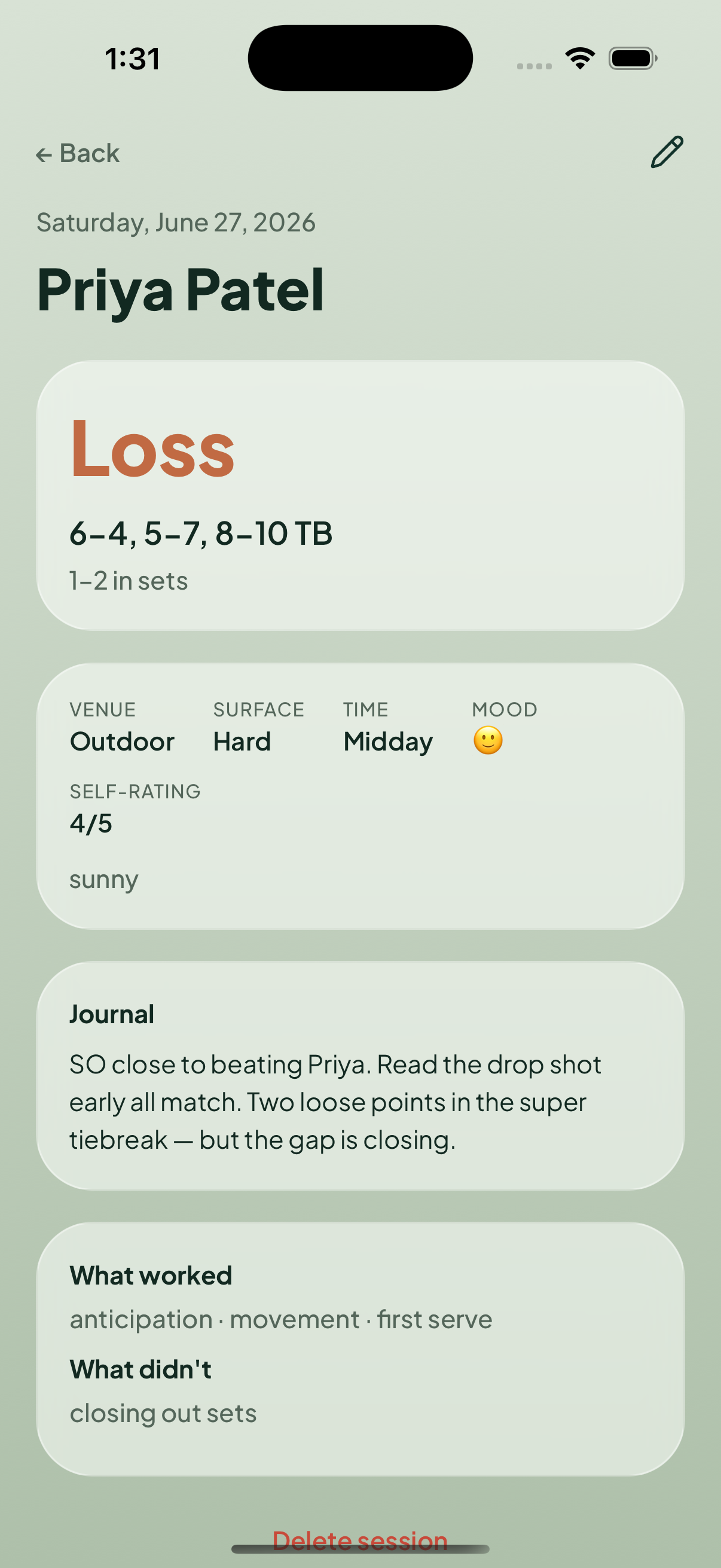 tete session detail showing the score, a mood, a self-rating, and a written journal entry reflecting on the match
