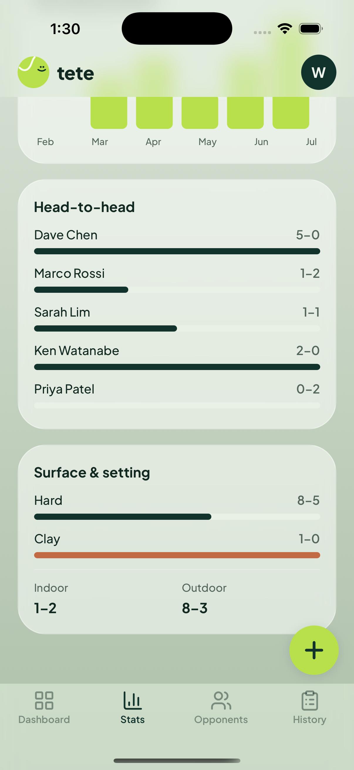 tete stats screen listing head-to-head records against each opponent and win rates by surface