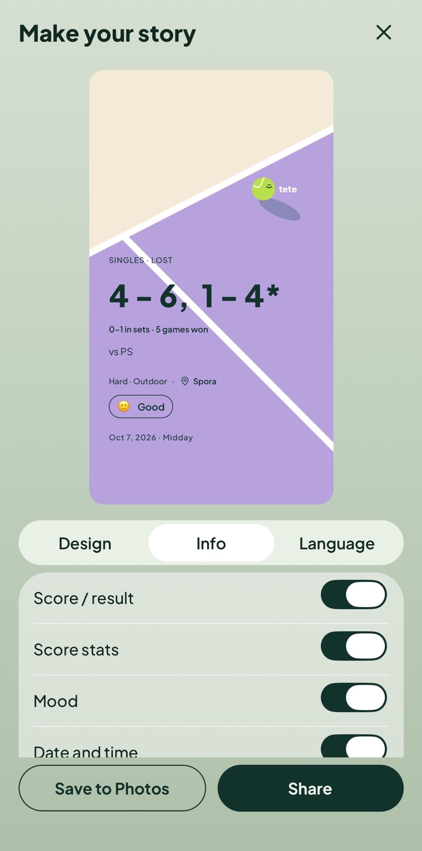 Tete illustrated court story with a lavender palette and selected session information