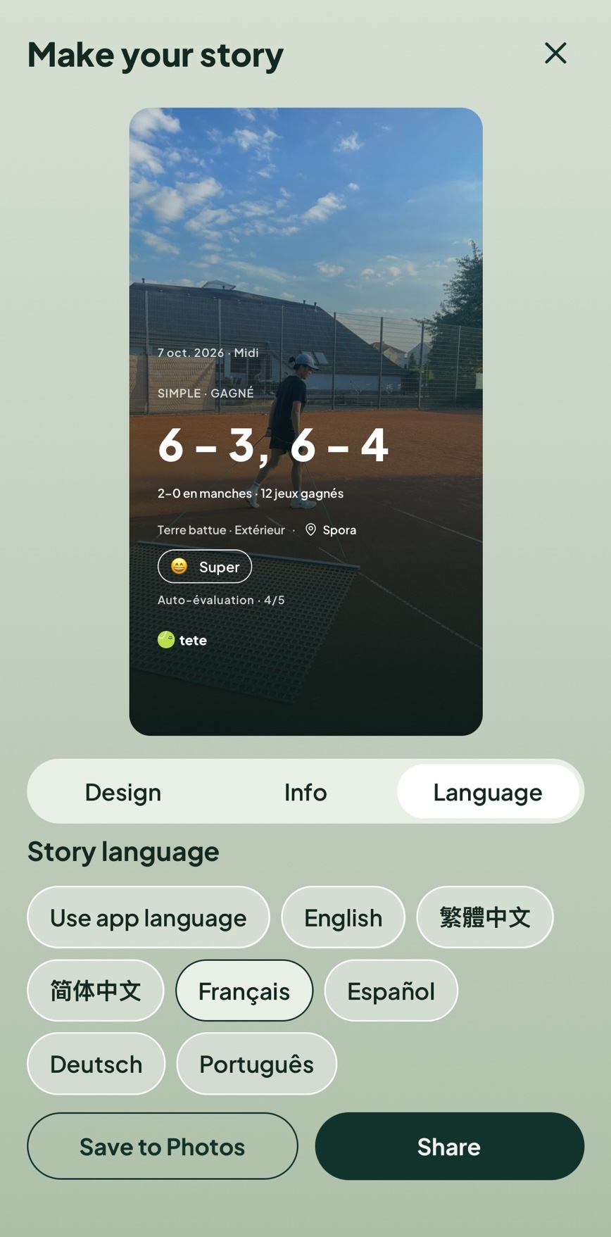 French-language tete story using a tennis session photo as its background, with match score, court, mood, and rating